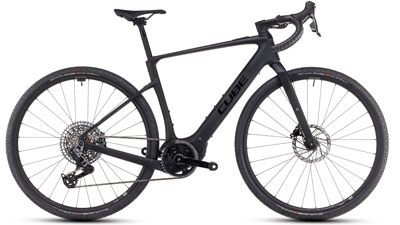 Zu sehen ist ein schwarzes Cube Nuroad Hybrid Race E-Bike.