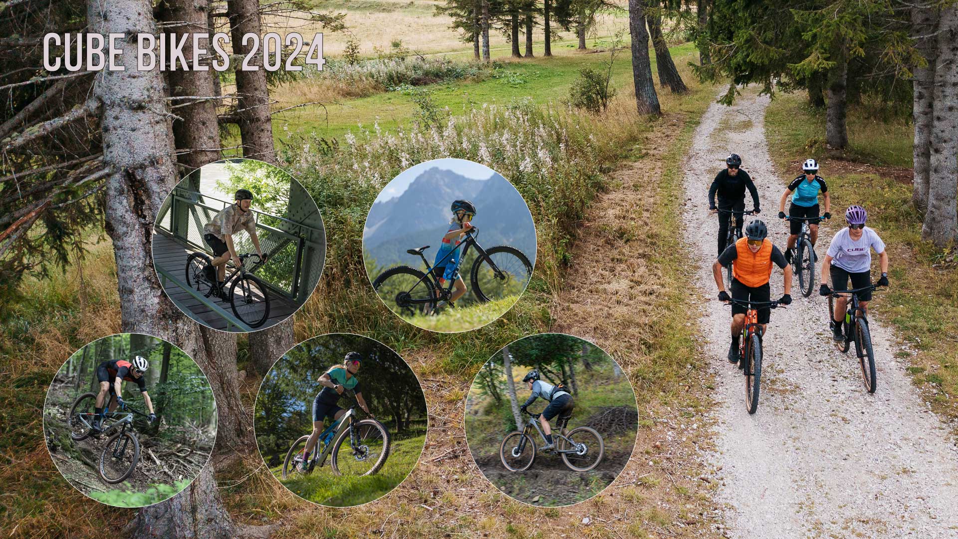 Banner mit dem Titel „Cube Bikes 2024“ mit Bildern von Radfahrern auf verschiedenen Cube Fahrrädern, darunter Gravel Bike, Kinderrad, Mountainbike und Fully.