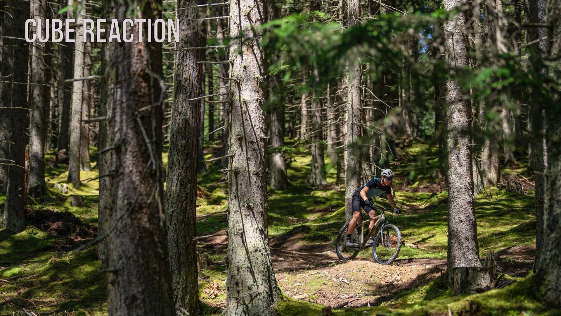 Radfahrer fährt mit einem Cube Reaction Hardtail Mountainbike durch einen Wald, Überschrift des Bildes ist „Cube Reaction“.