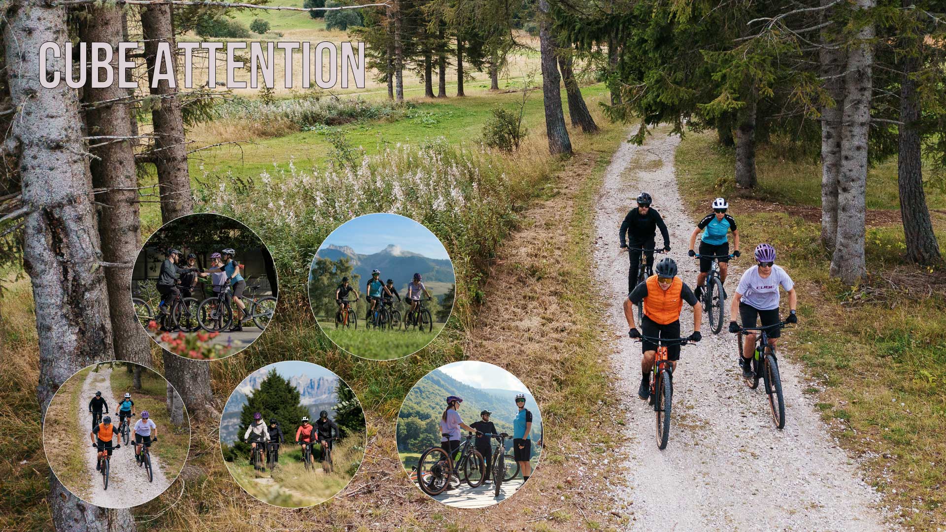 Radfahrer mit Cube Attention Hardtail Mountainbikes. Fünf kreisförmige Bilder zeigen Radfahrer mit Cube Attention Hardtail Mountainbikes in verschiedenen Szenen.