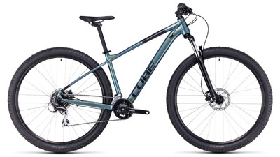Cube Aim Pro Mountainbike in schimmerndem, zartem Dunkelgrün.