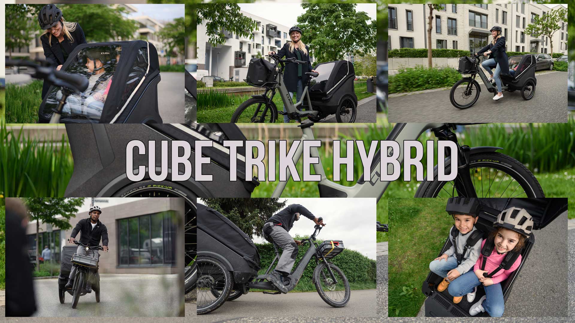 Zu sehen ist eine Bild Collage mit dem Titel Cube Trike Hybrid, die das Cube Trike Lastenrad in unterschiedlichen Einsatzbereichen zeigt.