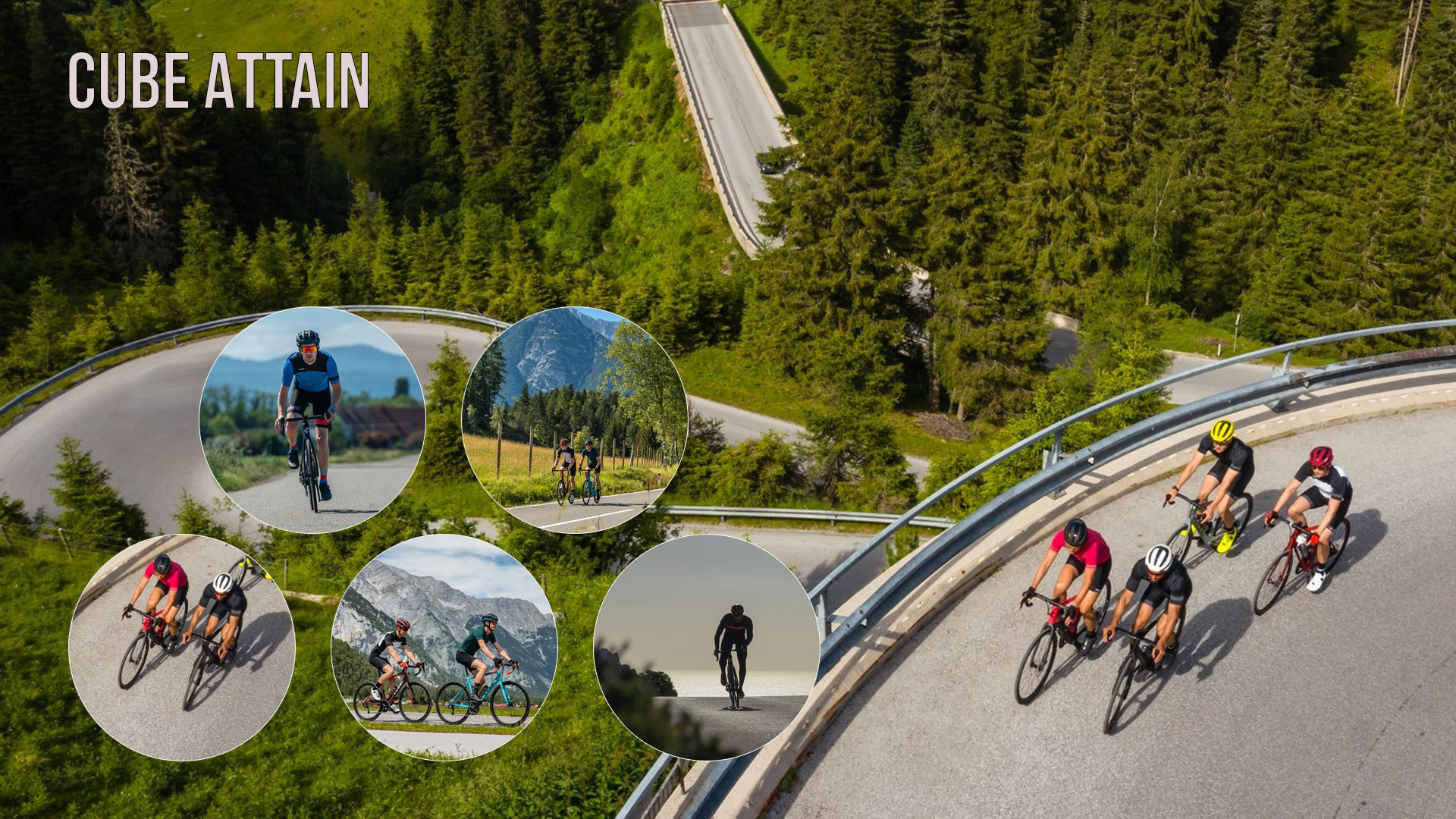 Banner mit der Aufschrift „Cube Attain“. Vier Radfahrer fahren auf einer Schnellstraße mit Cube Attain Rennrädern. Fünf kreisförmige Bilder zeigen sie ebenfalls auf Schnellstraßen.