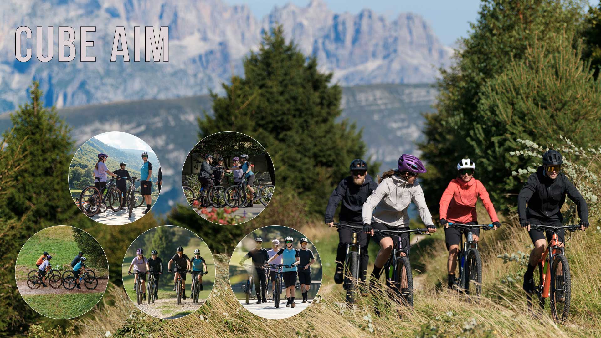 Banner mit der Aufschrift „Cube Aim“. Im Hintergrund fahren zwei Frauen und zwei Männer auf Cube Aim Mountainbikes. Fünf kleine kreisförmige Bilder zeigen jeweils vier Radfahrer mit Cube Aim Fahrrädern.