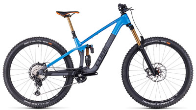 Cube Stereo ONE55 C:62 SLT Fully Mountainbike in Blau mit grauem Unterrahmen.
