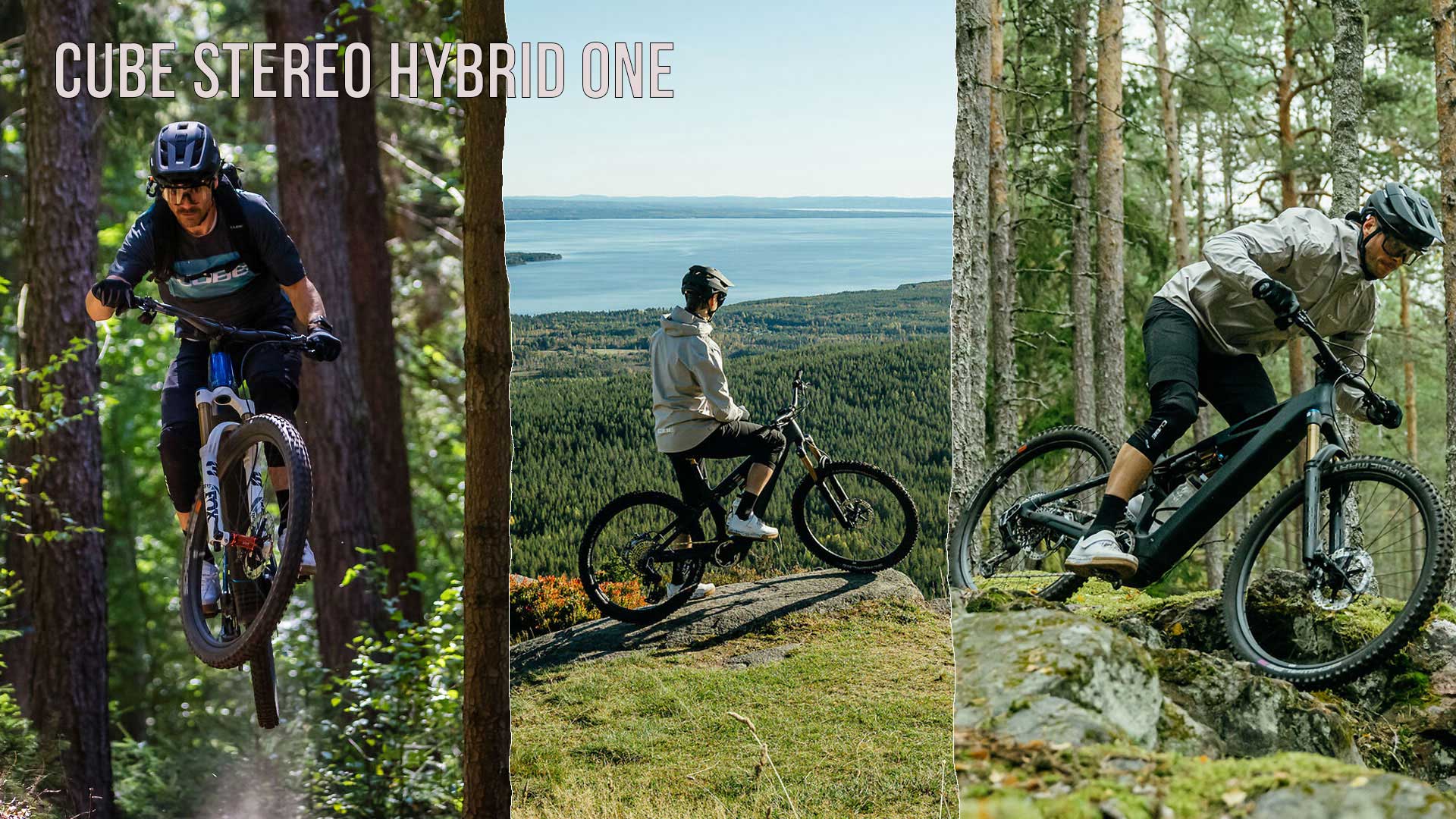 Zu sehen ist eine Bild Collage mit dem Titel Cube Stereo Hybrid ONE, darauf sind mehrer Radfahrer in waldiger Landschaft unterwegs.