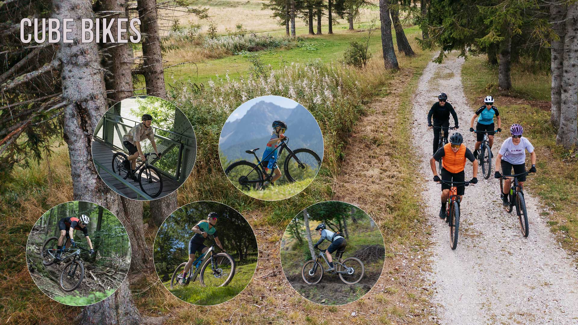 Zu sehen ist eine Bild Collage mit dem Titel Cube Bikes. Darauf sind meherer Bilder von Rad fahrenden Menschen.