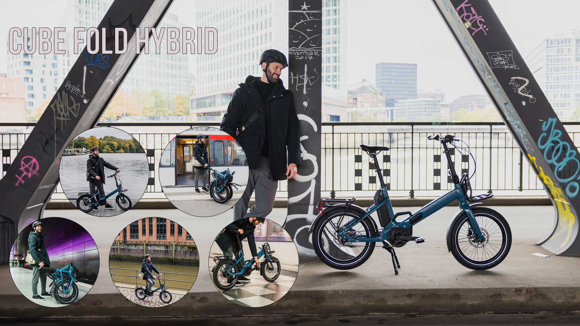 Zu sehen ist eine Bild Collage mit dem Titel Cube Fold Hybrid, darauf sind mehrere Radfahrer mit dem Cube Fold Hybrid in städtischen Szenen.
