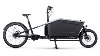 Zu sehen ist ein graues Cube Cargo Hybride 500 Lastenfahrrad.