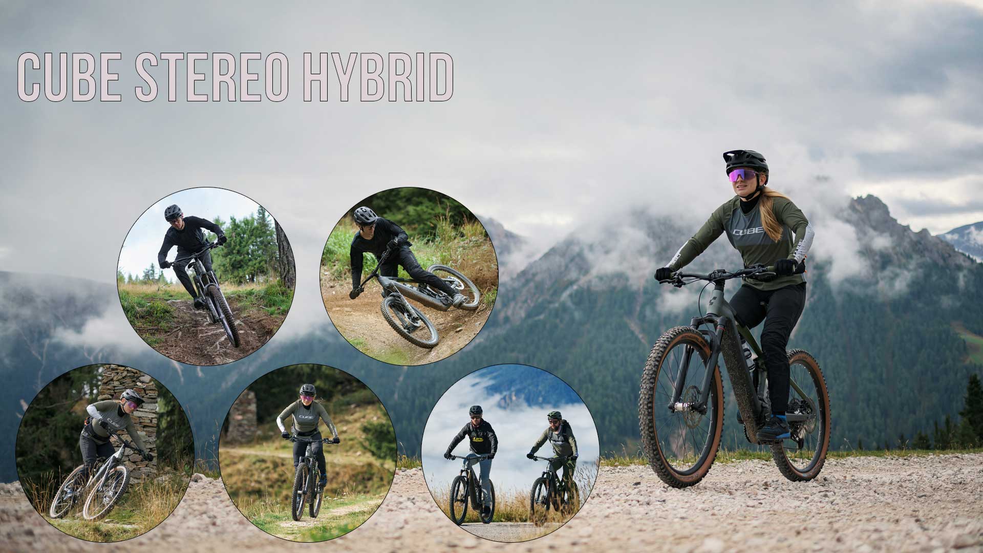 Zu sehen ist eine Bild Collage mit dem Titel Cube Stereo Hybrid. Darauf sind mehrere Radfahrer abgebildet, welche in bergiger und wäldlicher Landschaft unterwegs sind.