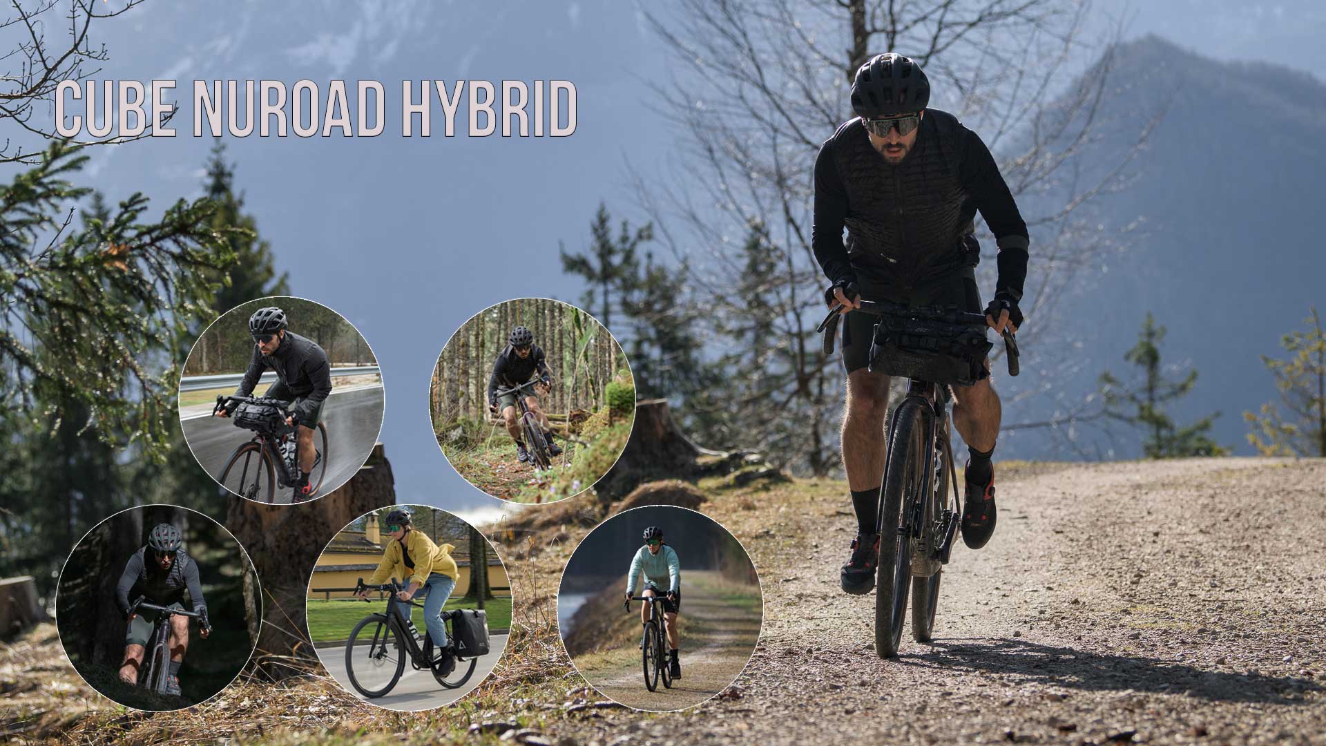 Zu sehen ist eine Bild Collage mit dem Titel Cube Nuroad Hybrid, darauf sind mehrere Radfahrer mit dem Cube Nuroad in unterschiedlichen Umgebungen.