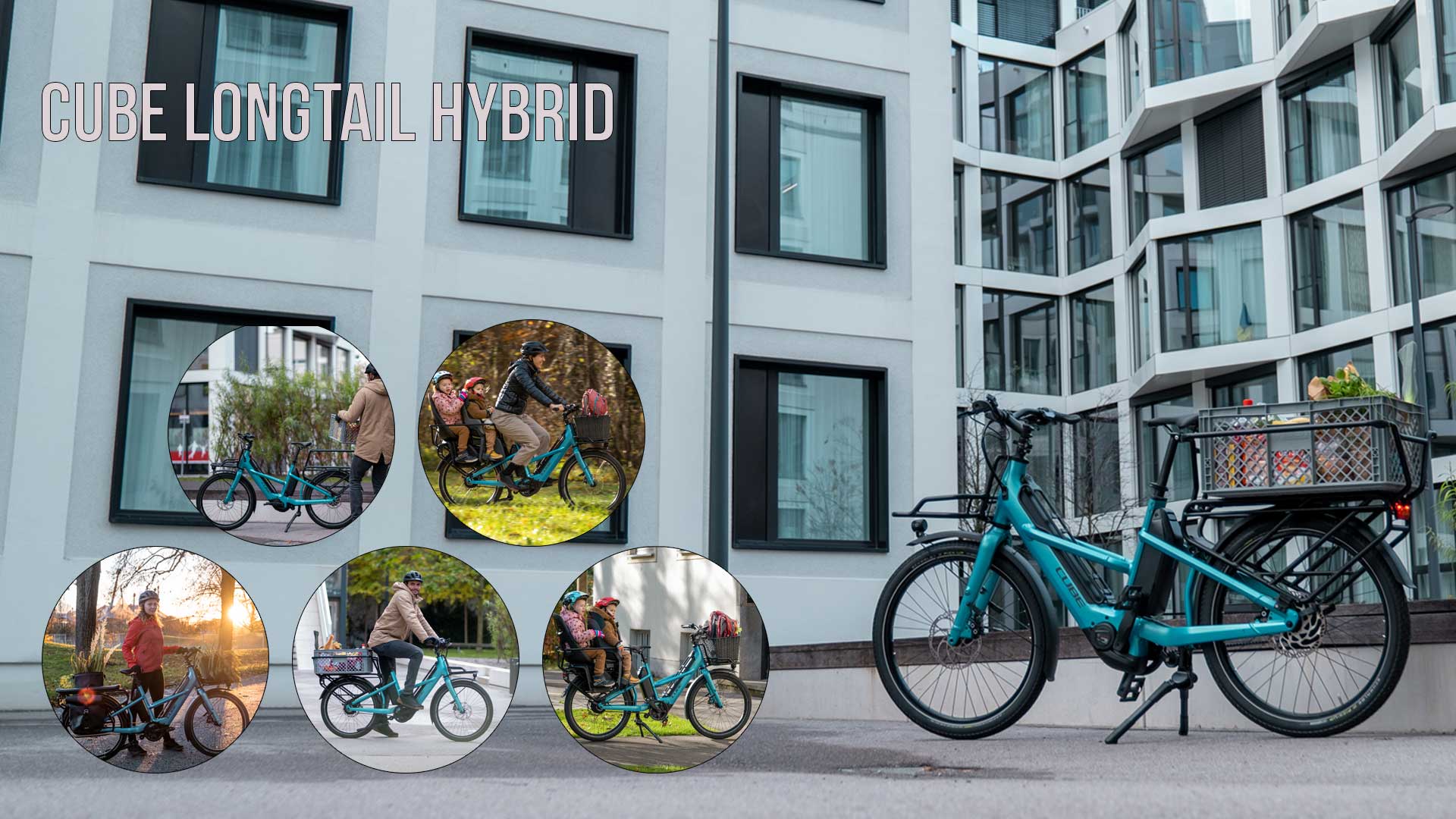Zu sehen ist eine Bild Collage mit dem Titel Cube Longtail Hybride, darauf sind mehrere Bilder von Radfahrern mit dem Cube Longtail ind städtischer Umgebung.
