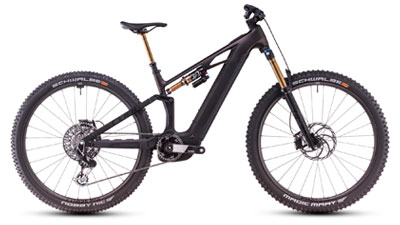 Zu sehen ist ein graues Cube Stereo Hybrid ONE22 E-Bike, mit goldenen Stoßdämpfern.