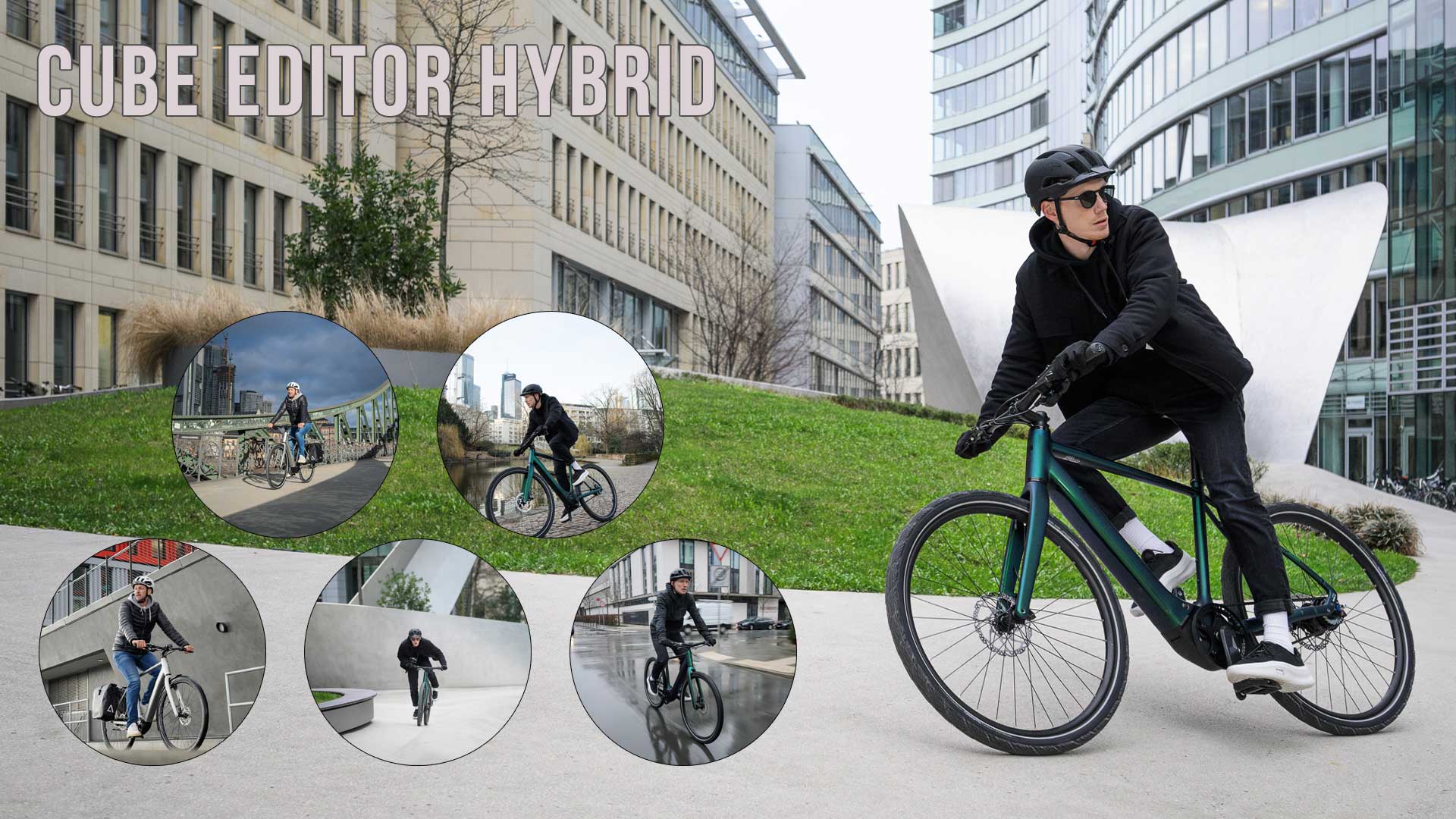 Zu sehen ist eine Bild Collage mit dem Titel Cube Editor Hybrid, darauf sind mehrere Radfahrer mit dem Cube Editor Hybrid in städtischen Szenen.