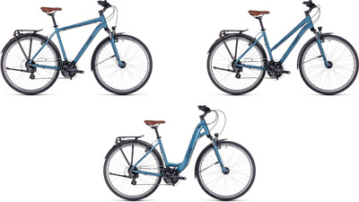 Drei Cube Touring One Fahrräder nebeneinander: eins mit Diamantrahmen, eins mit Trapezrahmen und eins als Tiefeinsteiger.