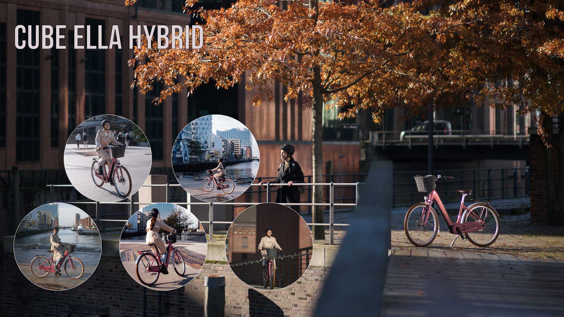 Zu sehen ist eine Bild Collage mit dem Titel Cube Ella Hybrid, darauf sind mehrere Bilder in städtischer Umgebung.