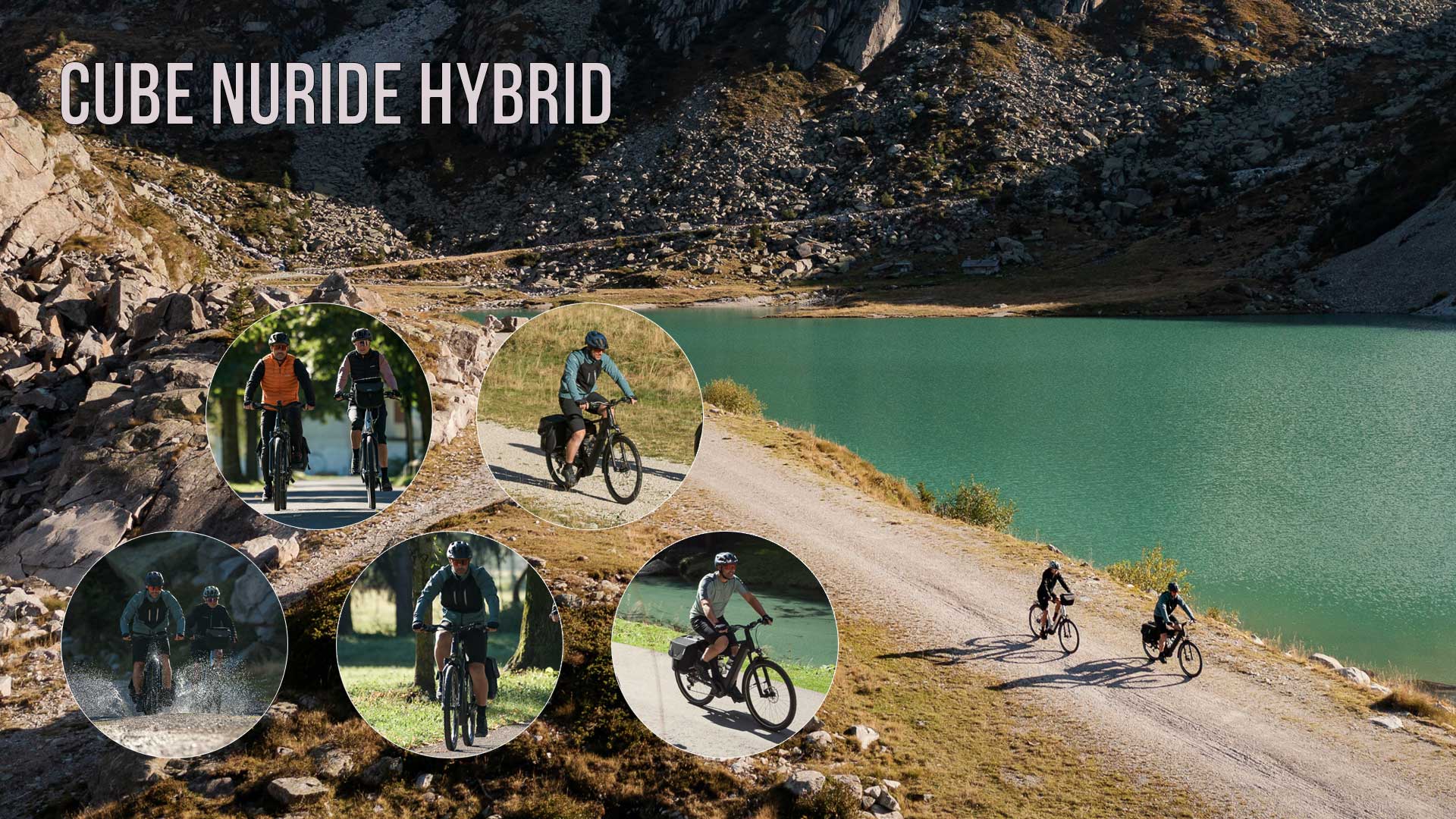 Zu sehen ist eine Bild Collage mit dem Titel Cube Nuride Hybrid, darauf sind mehrere Bilder von Radfahrern mit dem Cube Nuride Hybrid in unterschiedlichen Umgebungen.