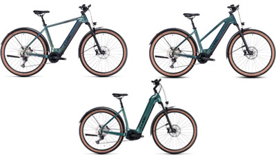 Zu sehen sind drei grüne Cube Nuride Hybrid E-Bikes, jeweils mit einem Diamant-Rahmen, ein Trapez-Rahmen und ein Tiefeinsteiger-Rahmen.
