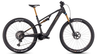 Zu sehen ist ein schwarzes Cube AMS Hybrid Fahrrad, mit goldenen Stoßdämfern.